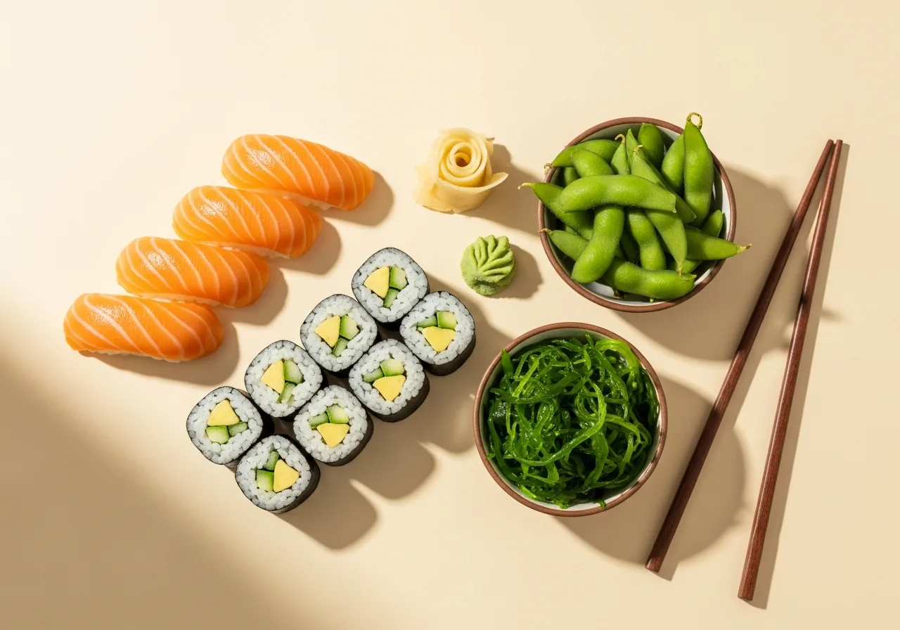 Frisches Sushi Arrangement — Nigiri, Maki und Poke Bowl